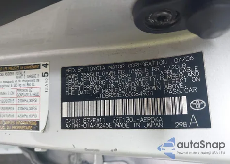 2006 Toyota Corolla Ce from USA, damaged, VIN JTDBR32E760084934